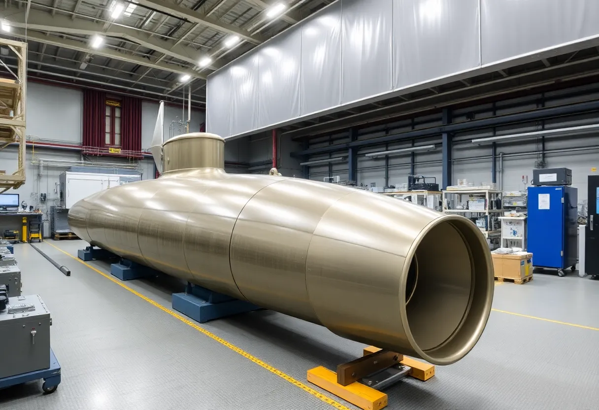 Modern submarine components in a high-tech manufacturing facility.