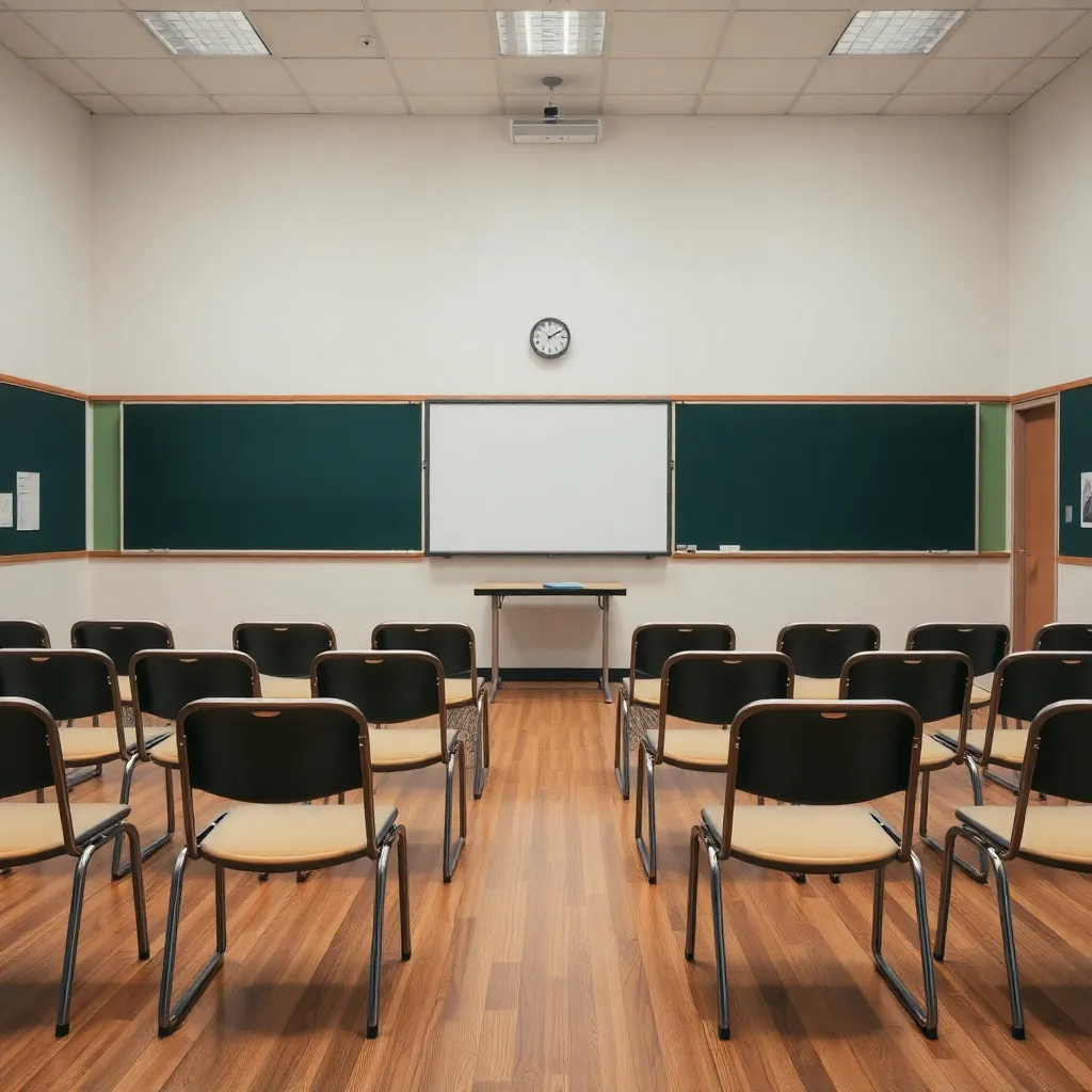 Empty school board room with chairs arranged in silence.