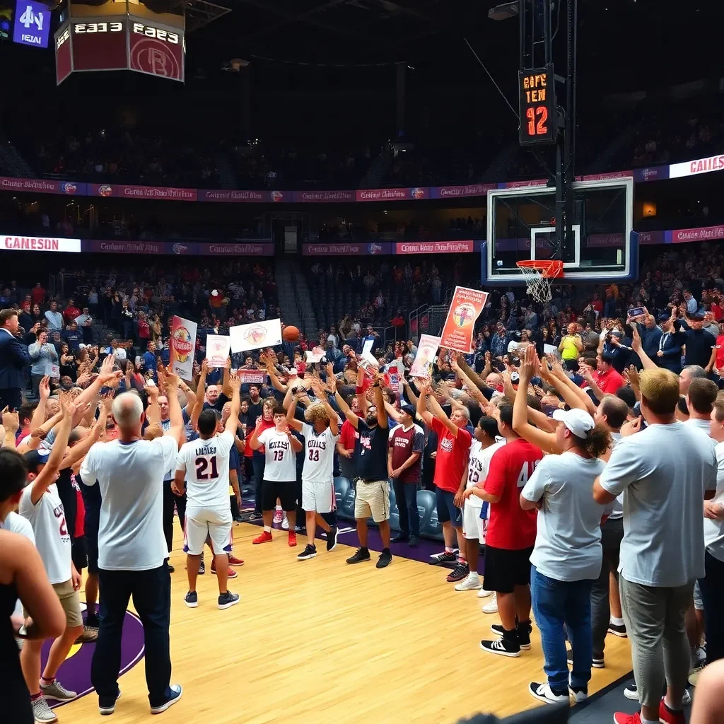 Basketball court celebration with fans and team banners.