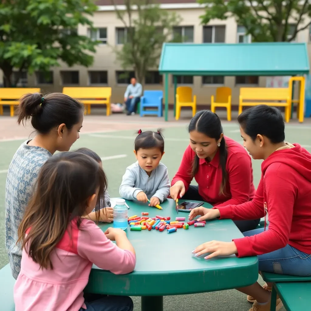 Family gathering activities in a school playground setting.