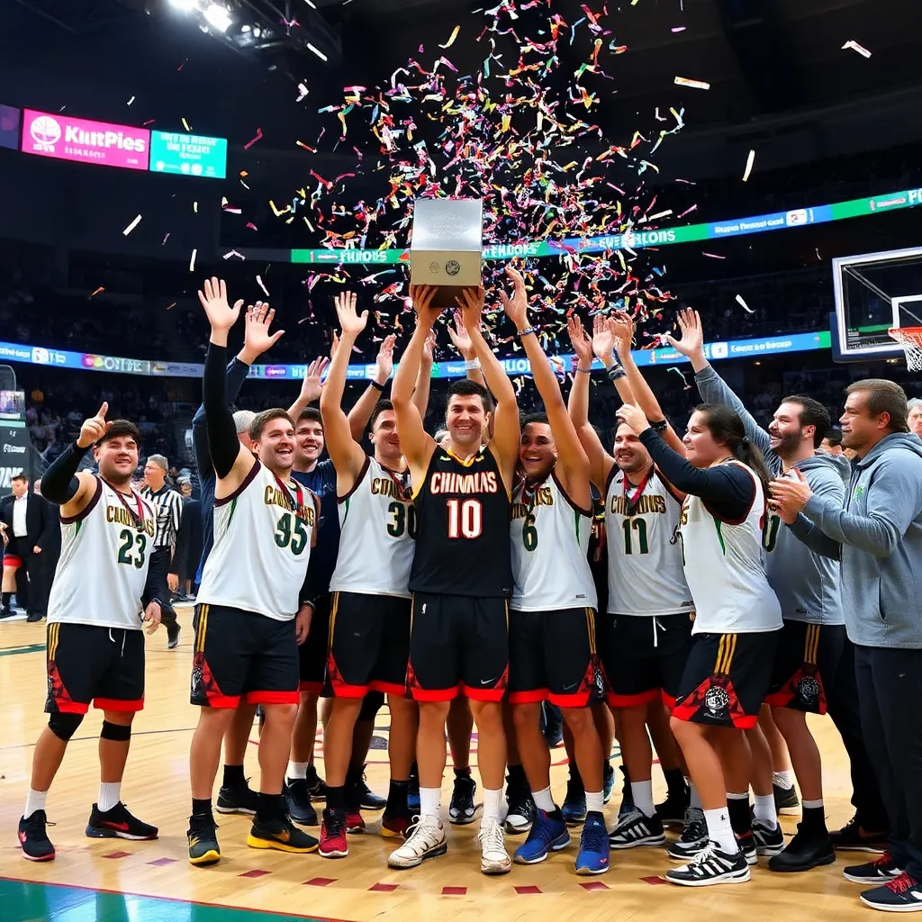 Team celebrating victory on basketball court with confetti.