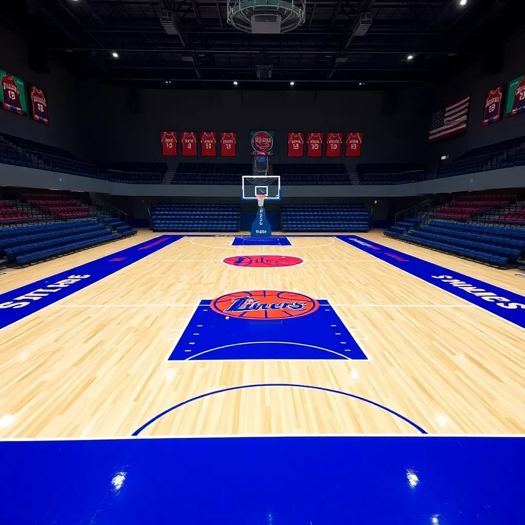 Basketball court with team colors and jerseys displayed.