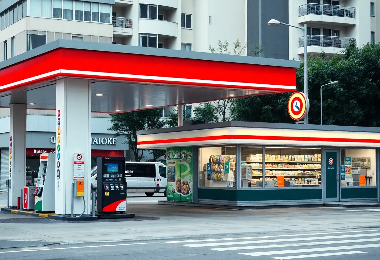 Gas station with convenience store in urban setting.