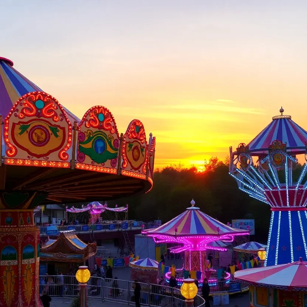 Colorful carnival rides with festive decorations at sunset.