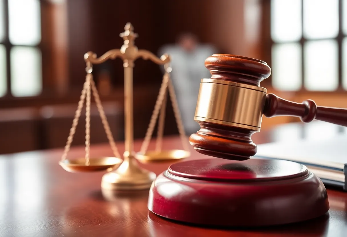 Gavel and scales of justice in a courtroom setting.