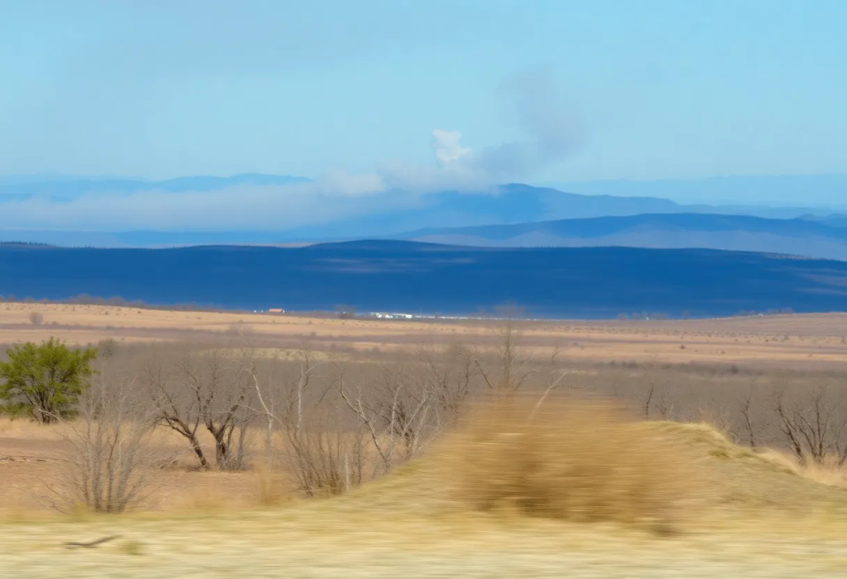 Scenic landscape with distant smoke and dry brush.