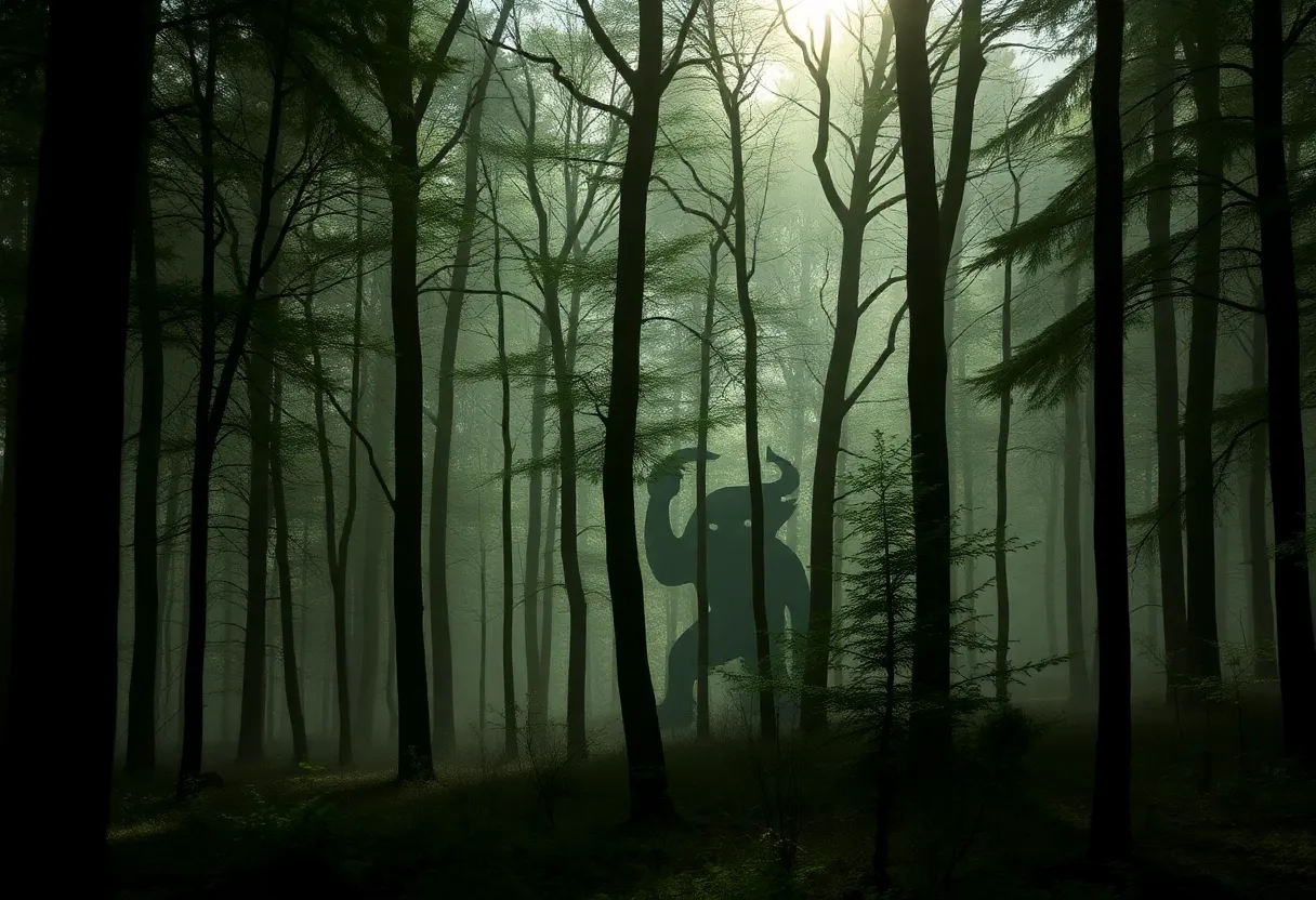 Mystical forest with hidden creature silhouette amidst trees.