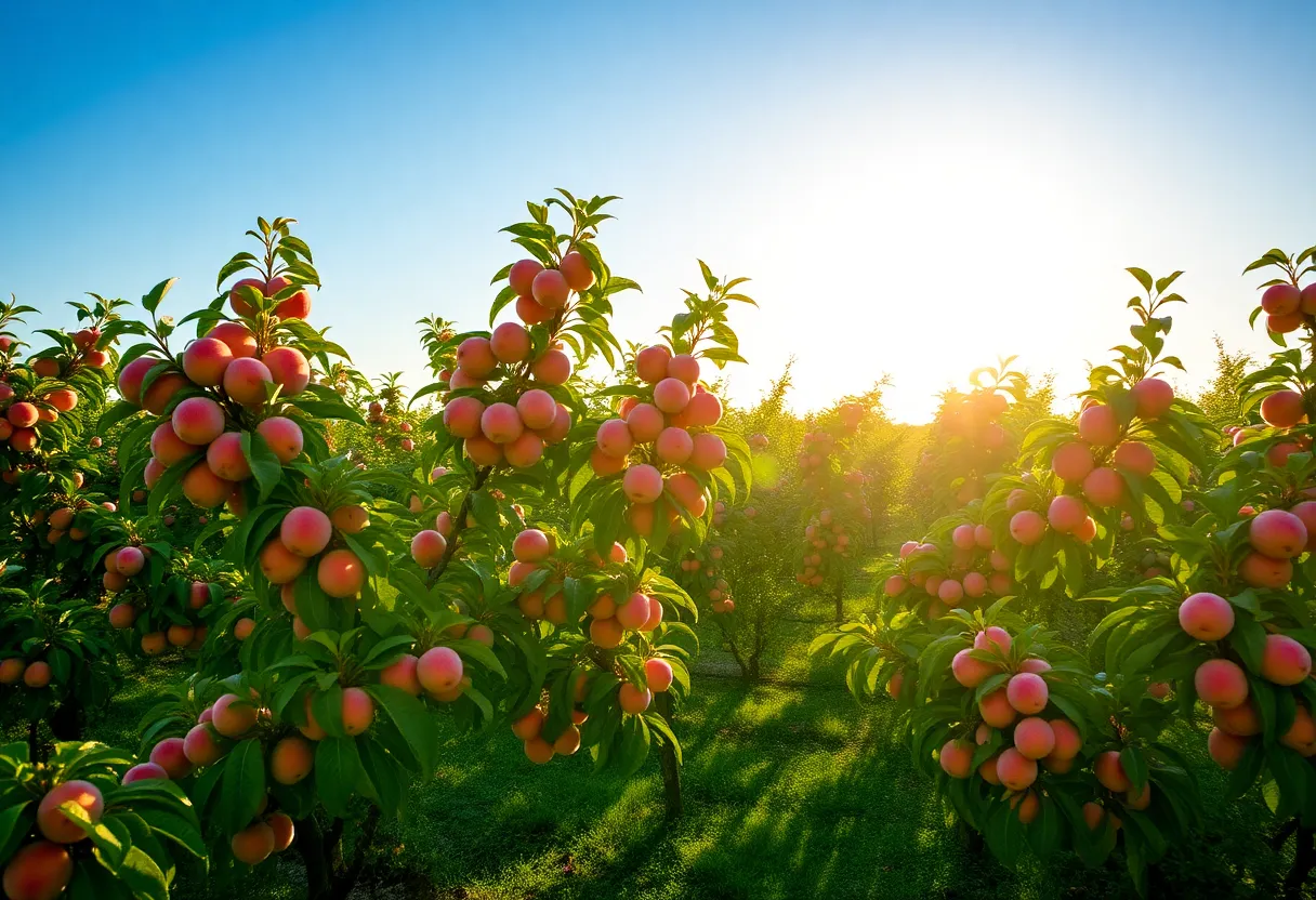 Vibrant peach orchard thriving under sunny skies.