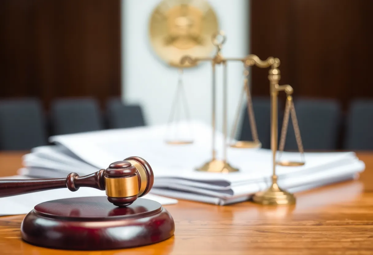 Courtroom gavel with documents and scales of justice.