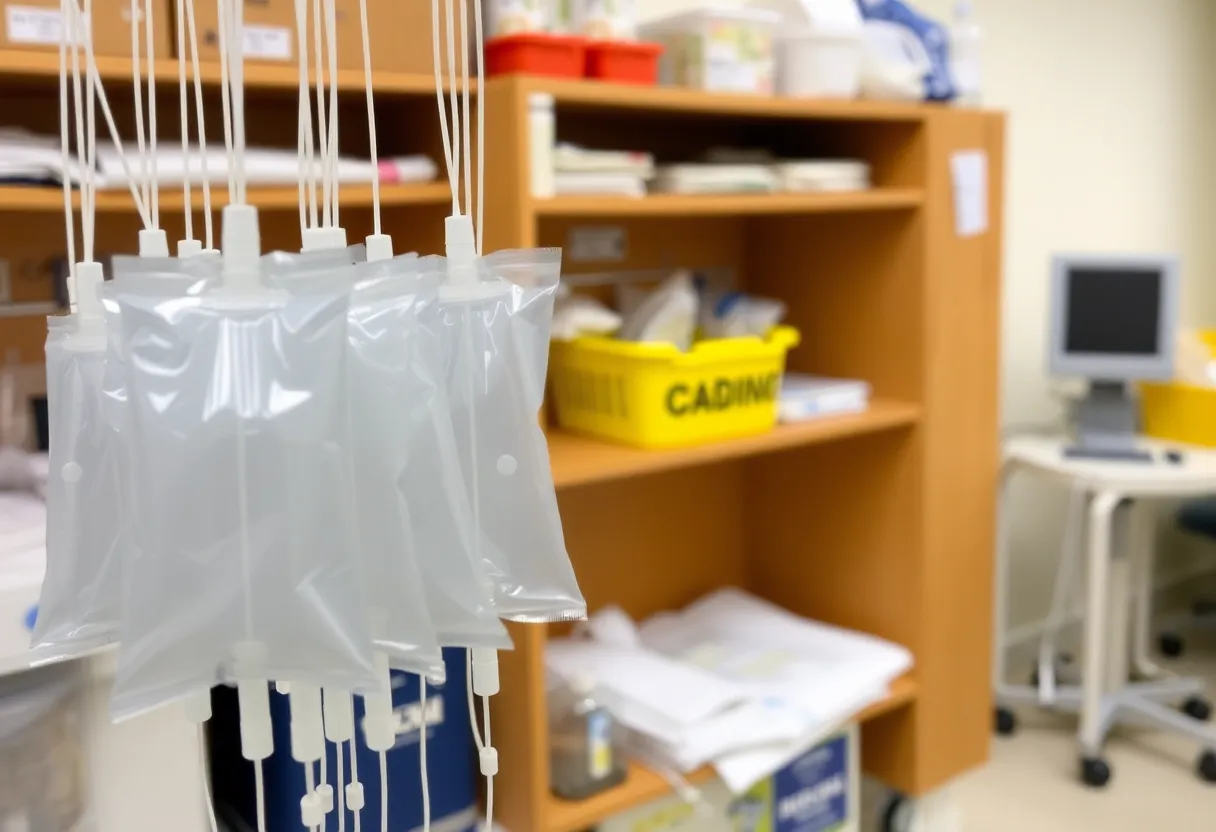 Empty IV bags in a hospital supply room.