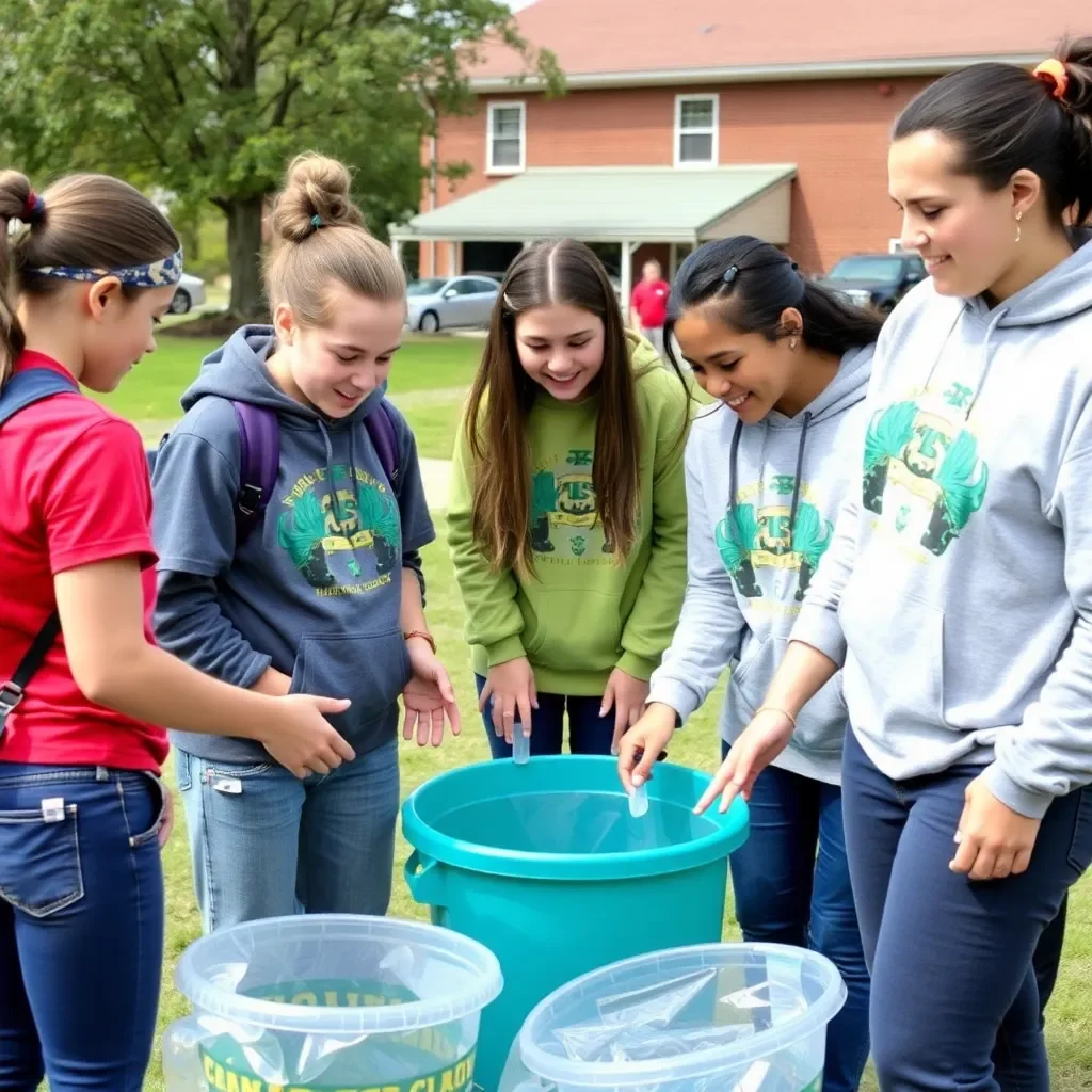 Students collaborating on a community service project outdoors.