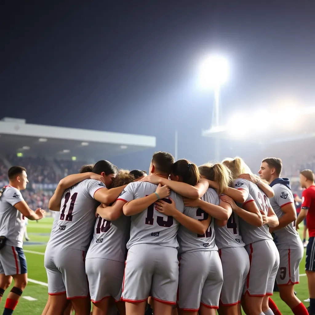 Celebratory team huddle under stadium lights after victory.