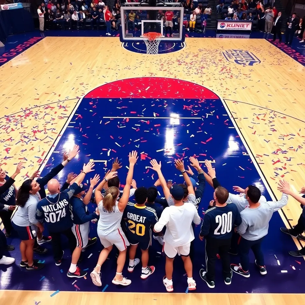 Basketball court celebration with team colors and confetti.