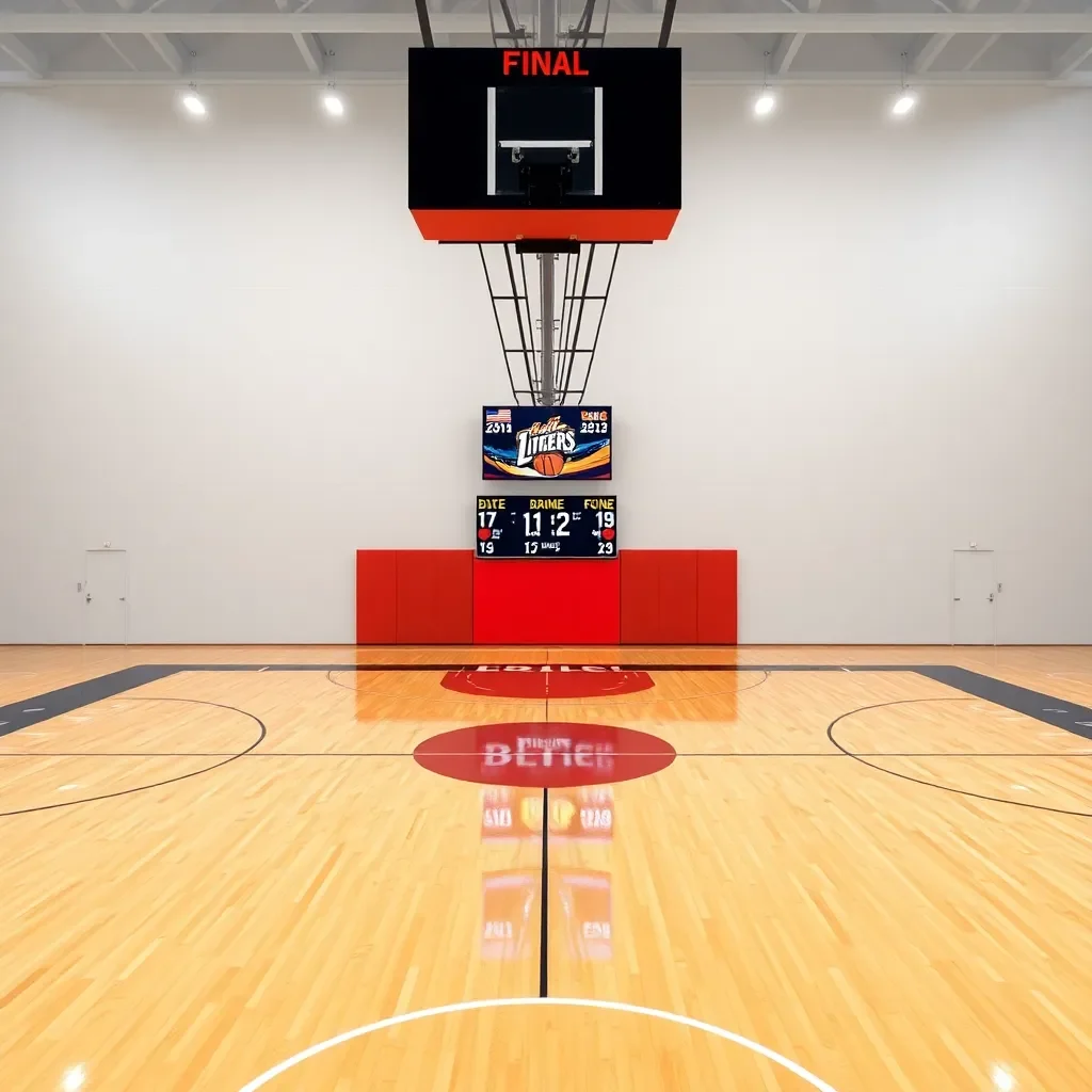 Basketball court with scoreboard highlighting final game score.