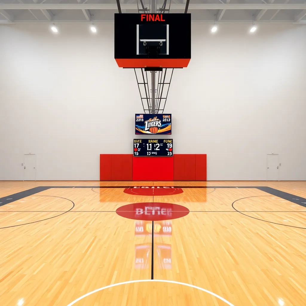 Basketball court with scoreboard highlighting final game score.