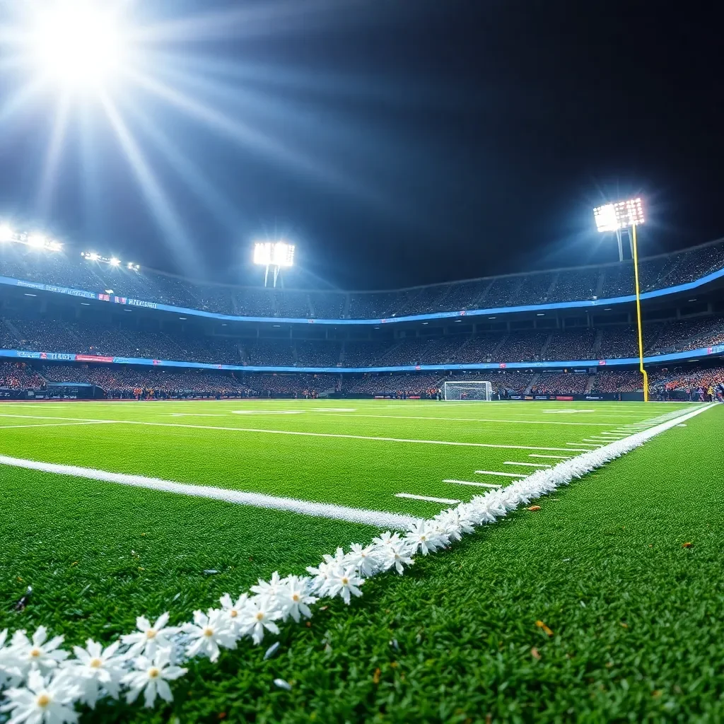 Football field under bright stadium lights during championship game.