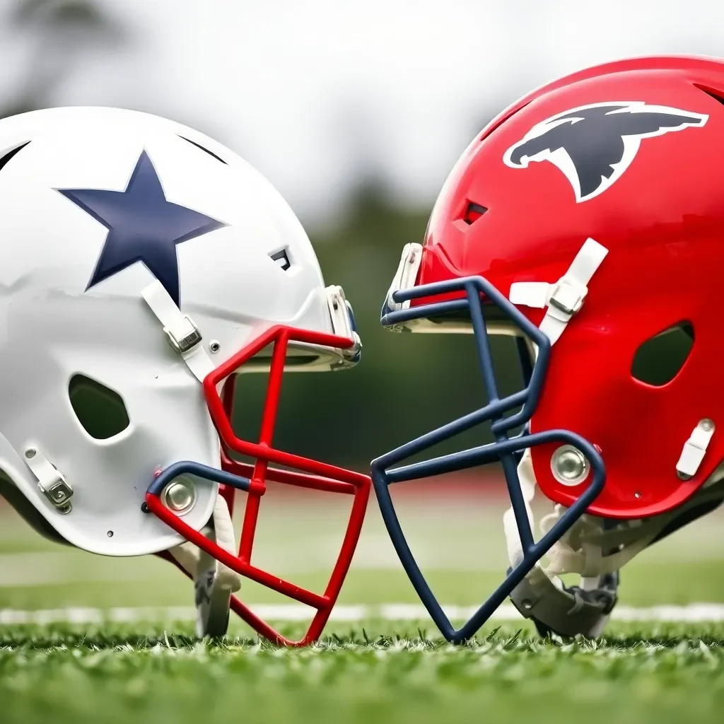 Two football helmets facing each other on a field.