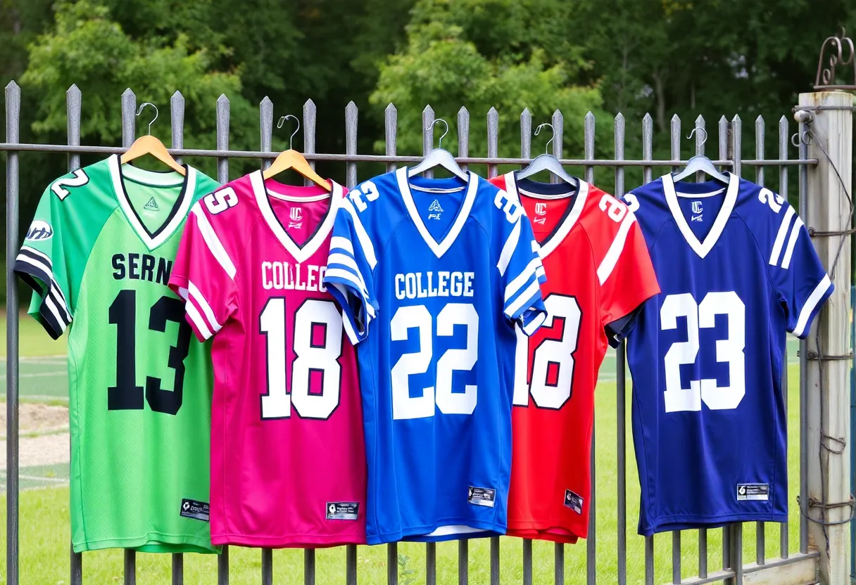 Colorful college football jerseys hanging on a fence.