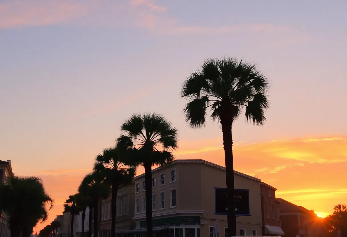 A serene sunset over historic Charleston streets.