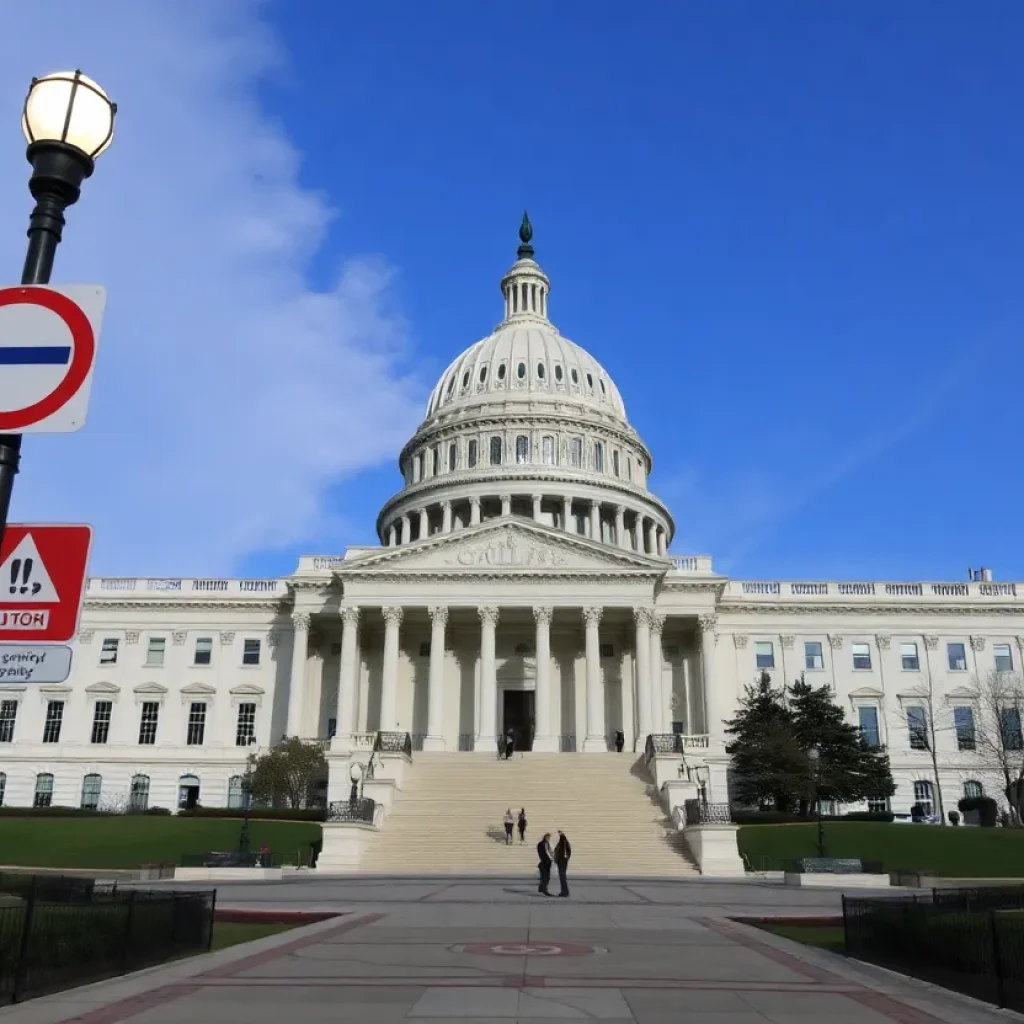 Capitol building with security presence and caution signs.