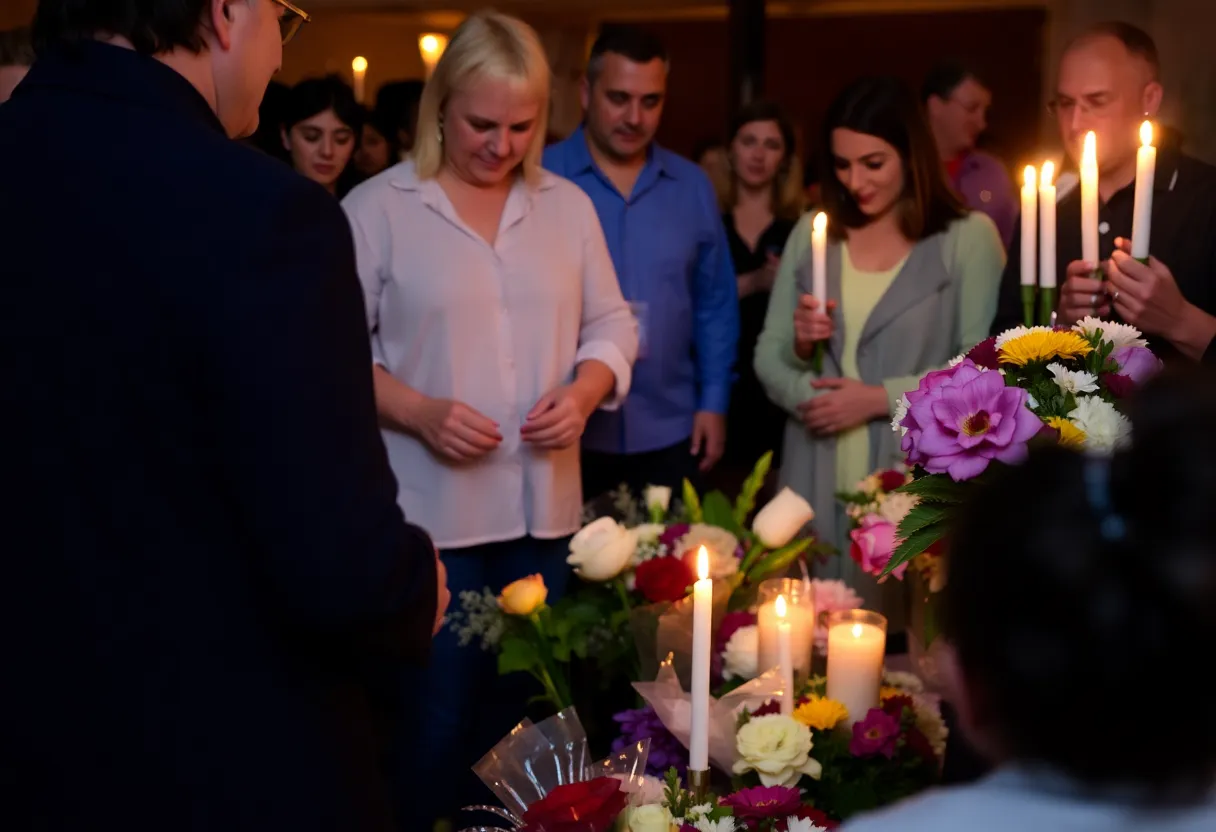 Community gathering with candles and flowers in remembrance.