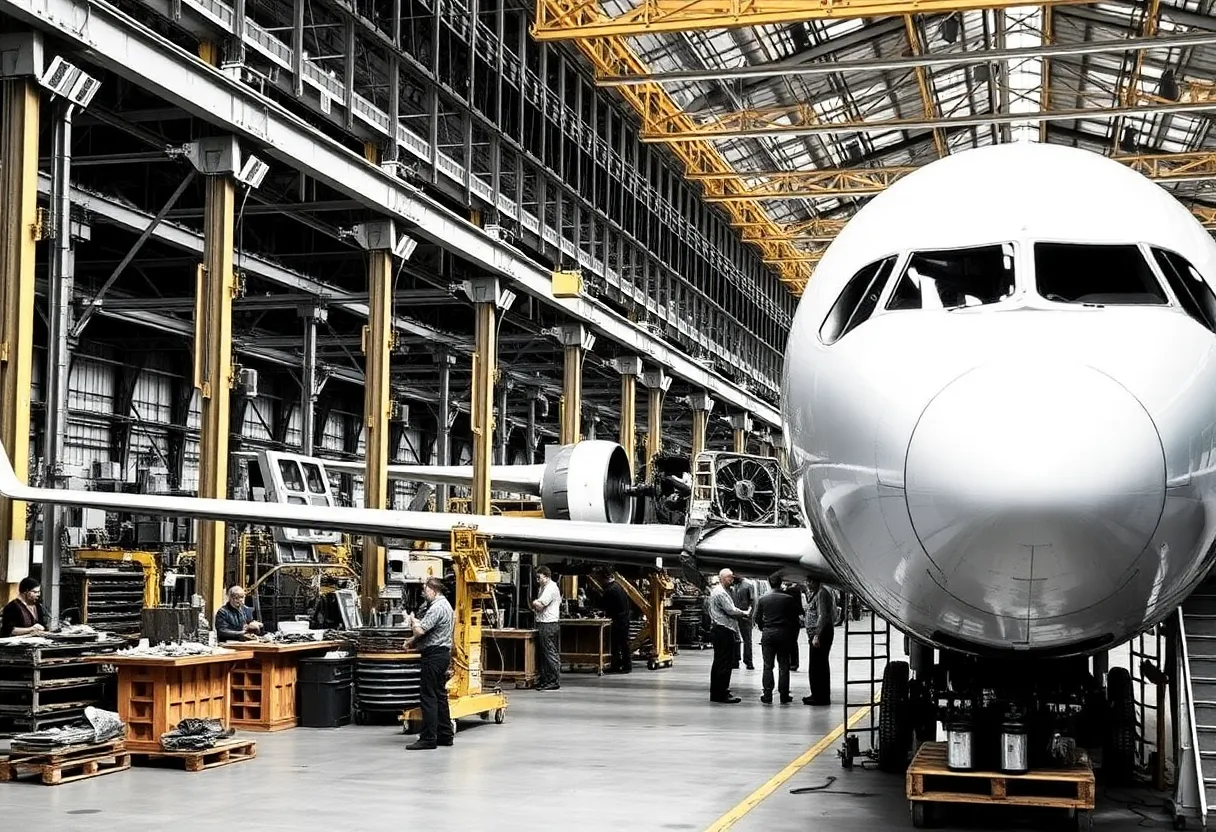 Aircraft assembly line with bustling construction workers.