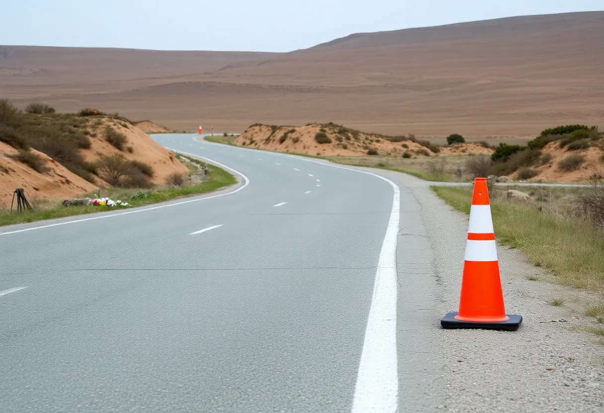 Desolate road with floral memorial and traffic cones.