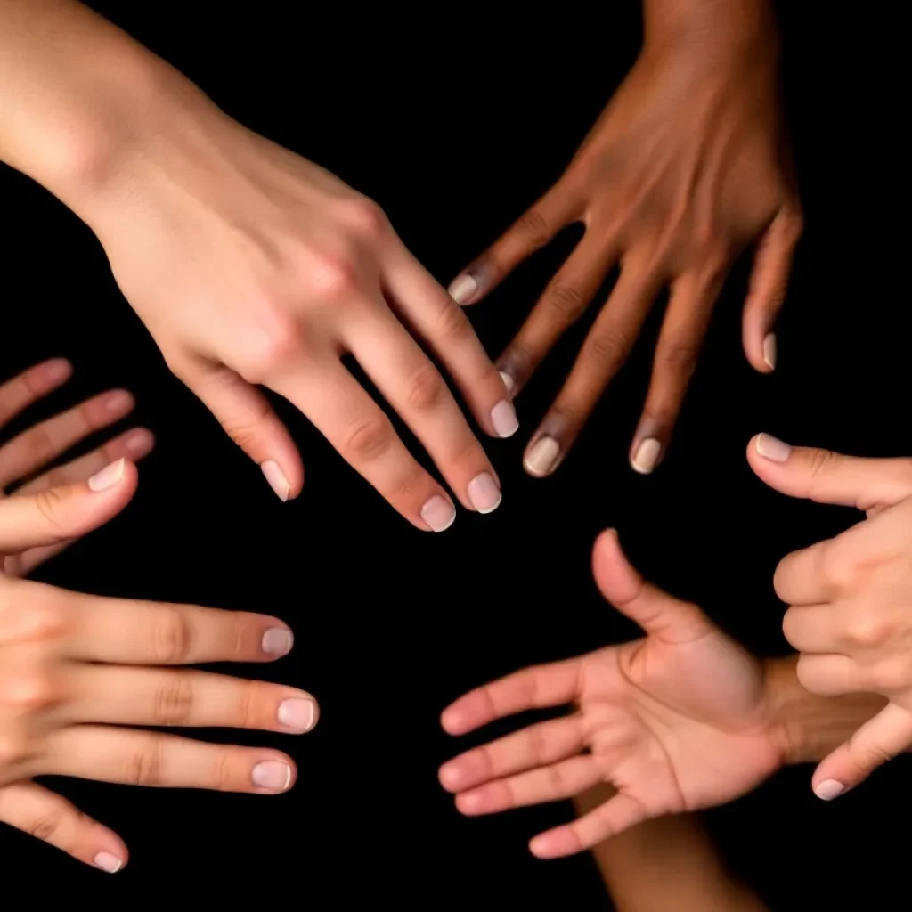 Diverse hands uniting, symbolizing strength against hate.