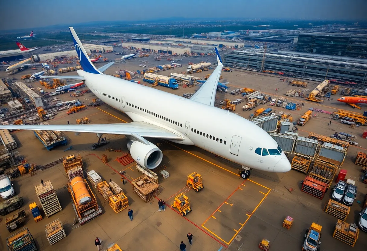 Aerial view of Boeing factory with bustling workforce.