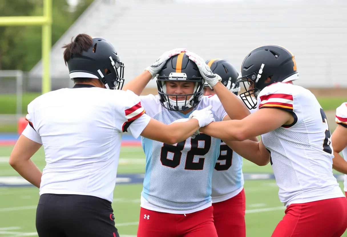 Football players strengthening teamwork on the field.