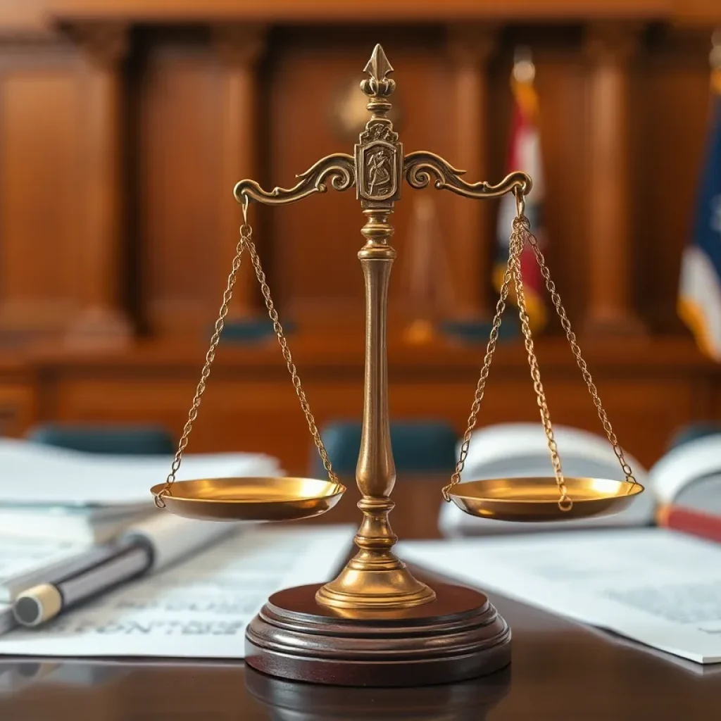 Justice scales balancing with courtroom backdrop and legal documents.