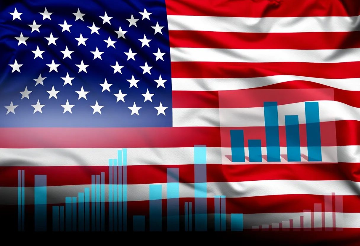 U.S. flag overlaid with financial graphs and budgets.