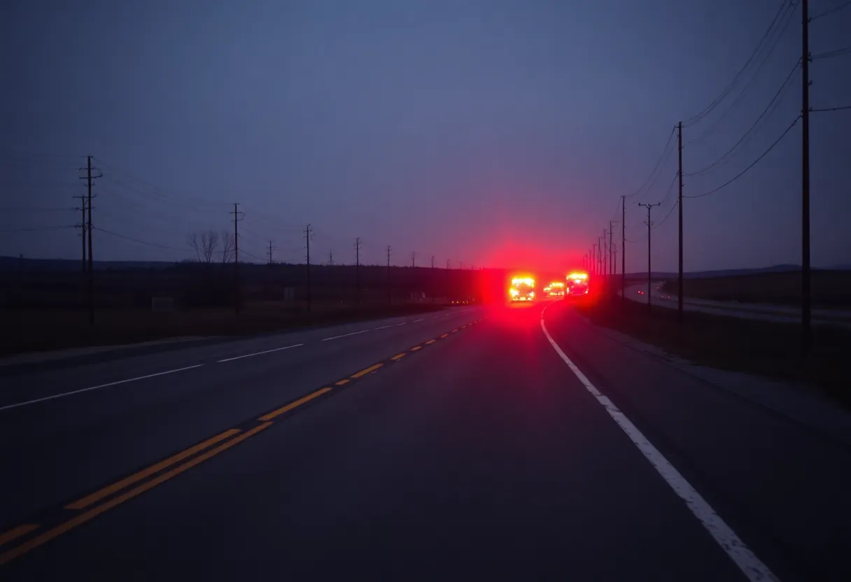 Desolate roadway marked with emergency response lights.