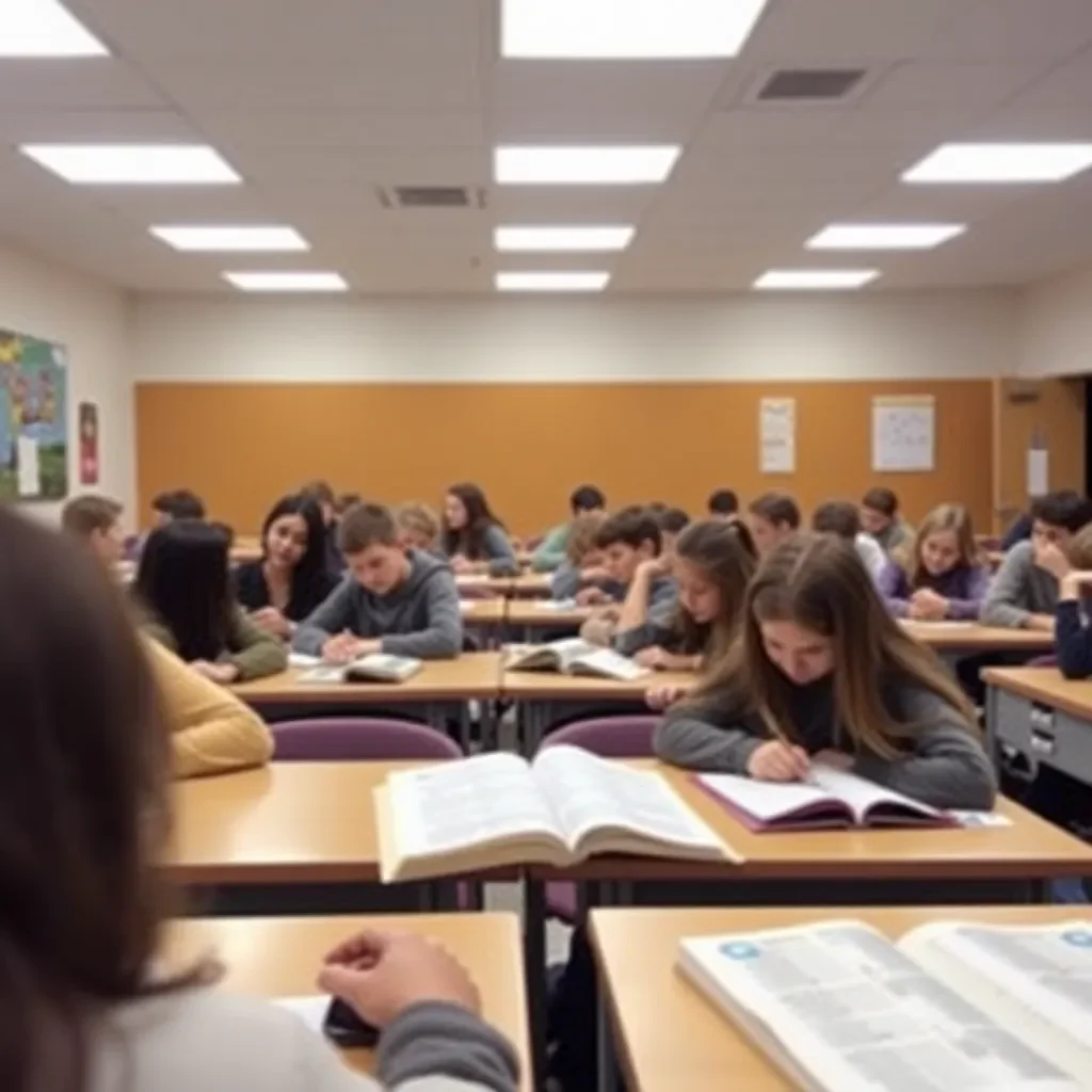 Classroom with students focused on books, no phones visible.