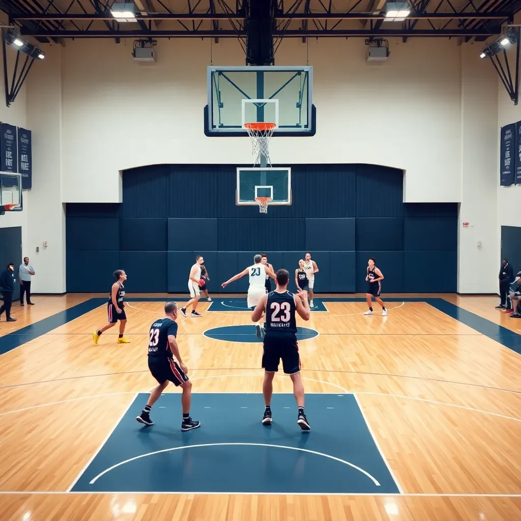 Basketball court with teams battling for victory.