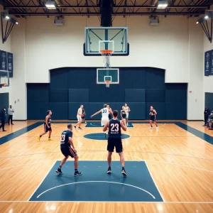 Basketball court with teams battling for victory.