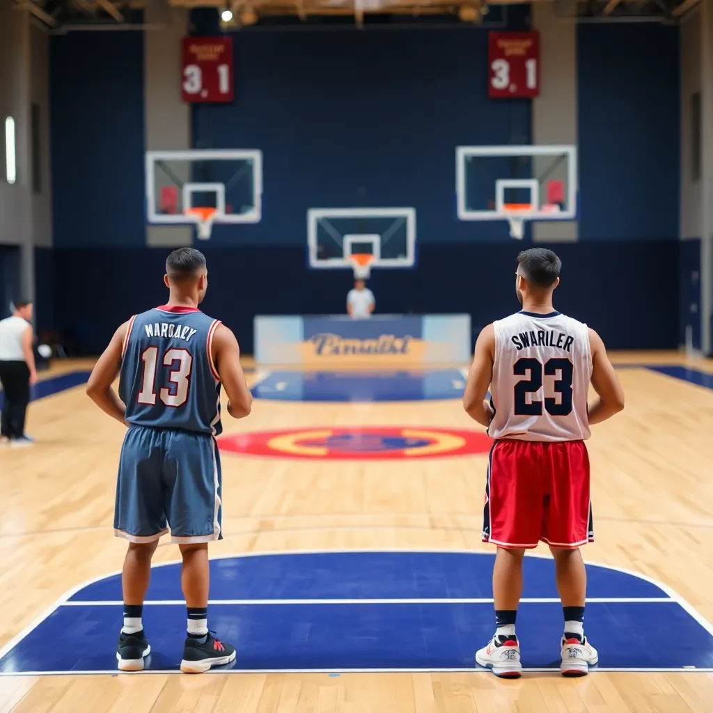 Basketball court with two competing team jerseys displayed.