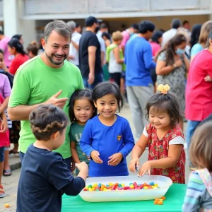 Colorful family activities in a community gathering setting.