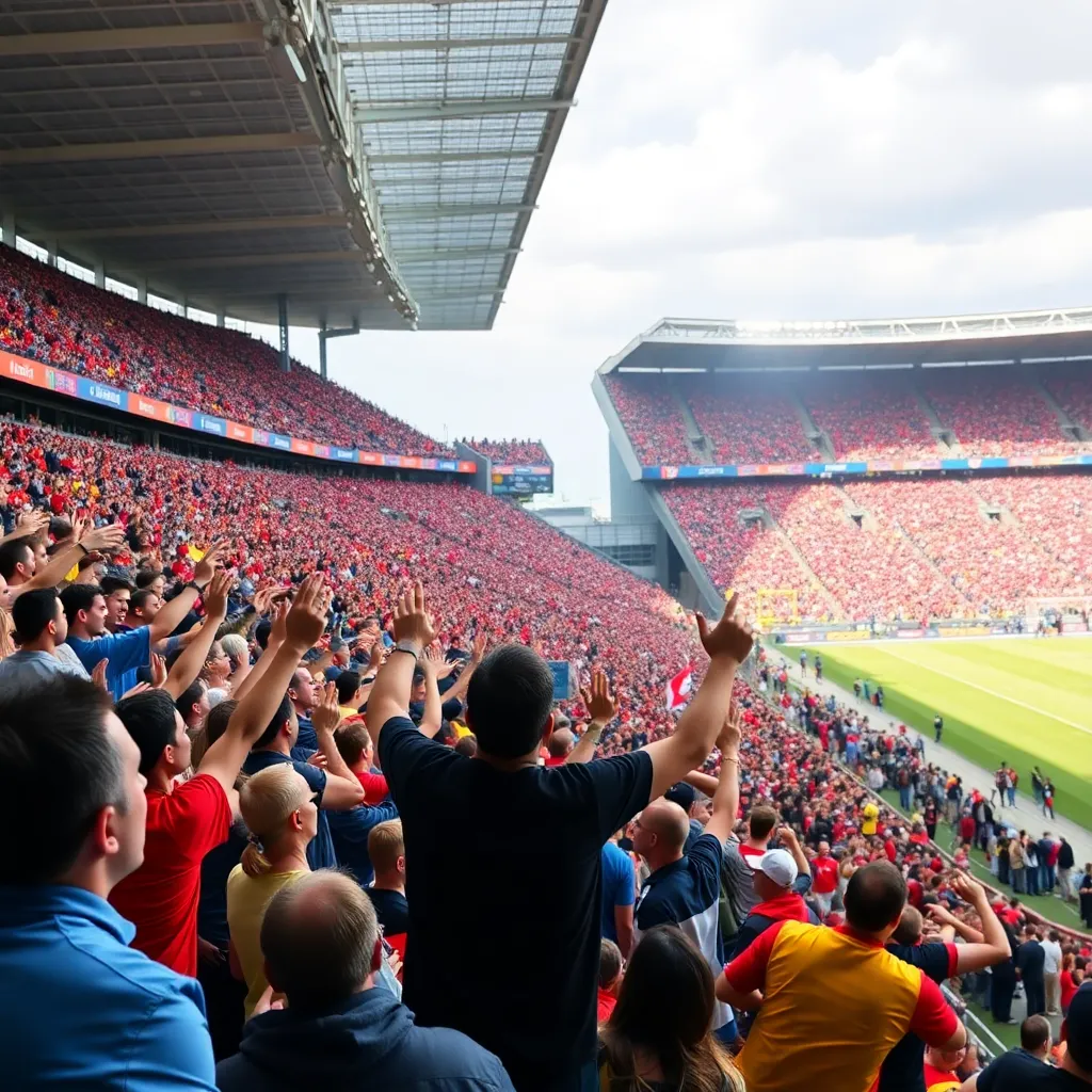 Colorful football stadium filled with excited fans cheering.