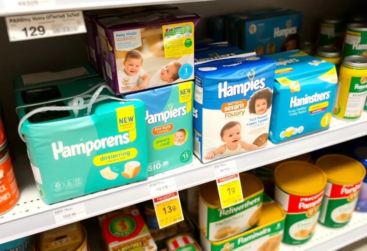 Diaper and baby food products on a grocery store shelf.