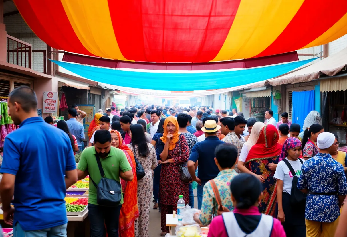 Vibrant community gathering in a flourishing local market.