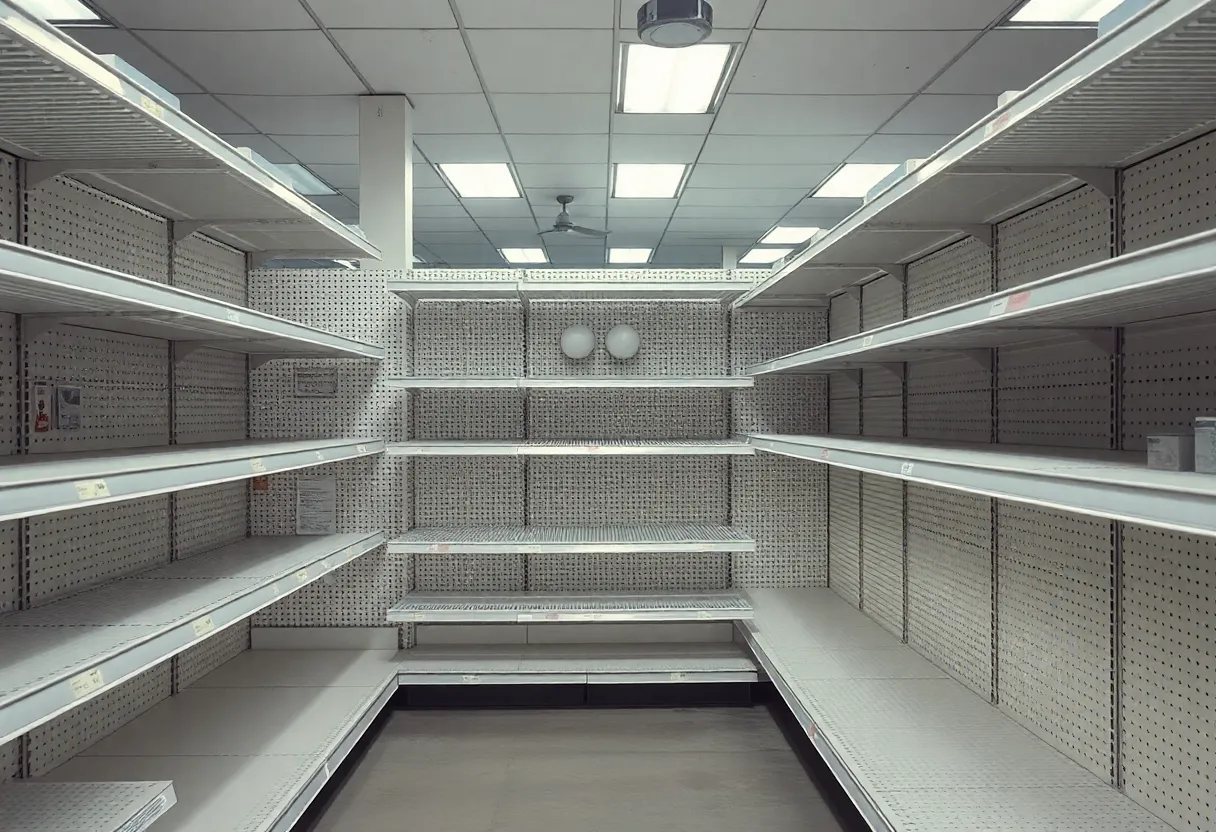 Empty retail shelves in a dimly lit store interior.