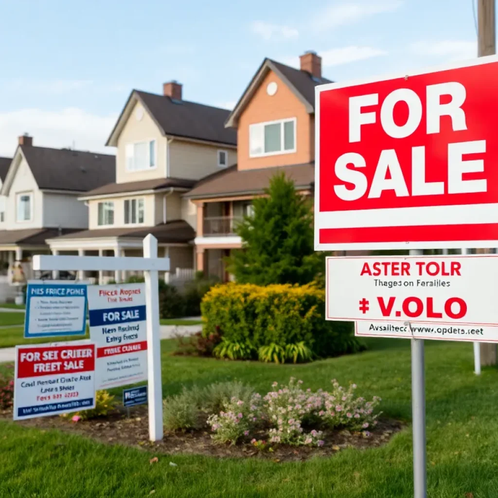 A vibrant neighborhood with "For Sale" signs and job listings.