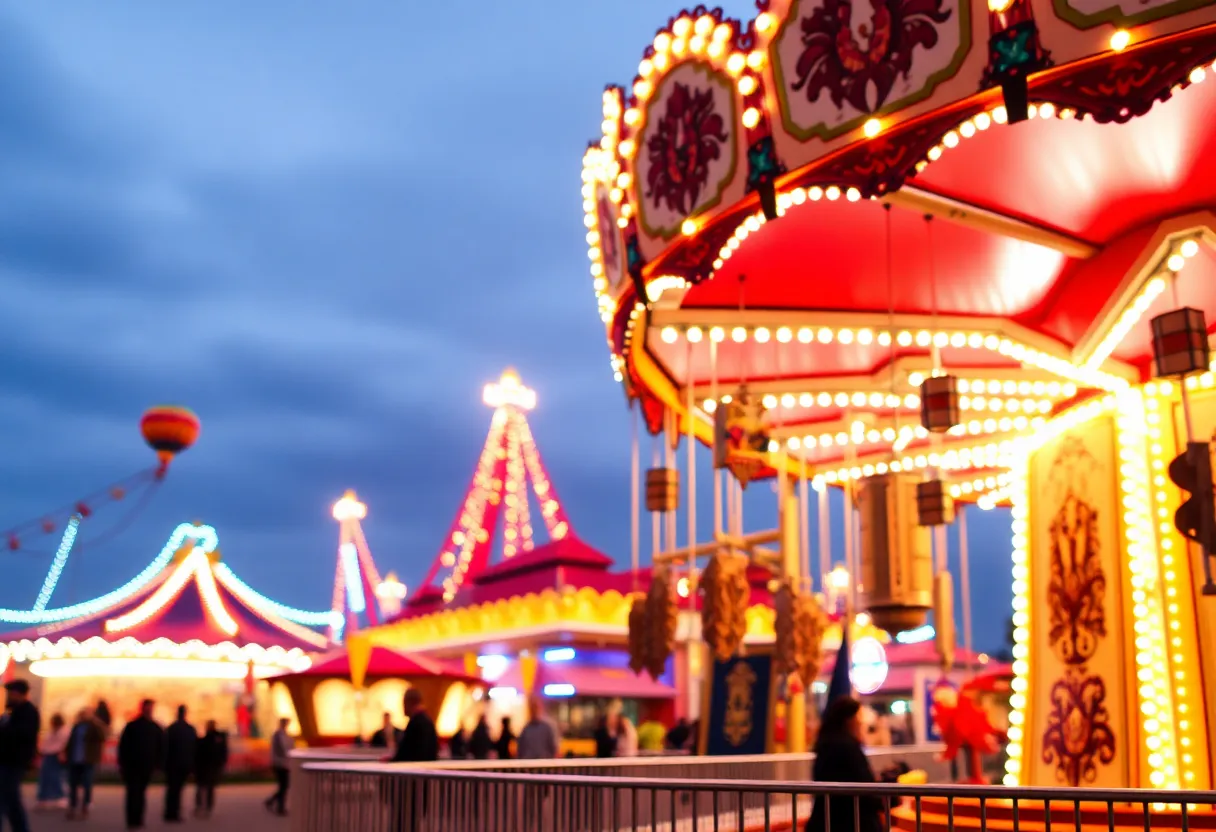 Fairground safety measures in place, vibrant festive atmosphere.