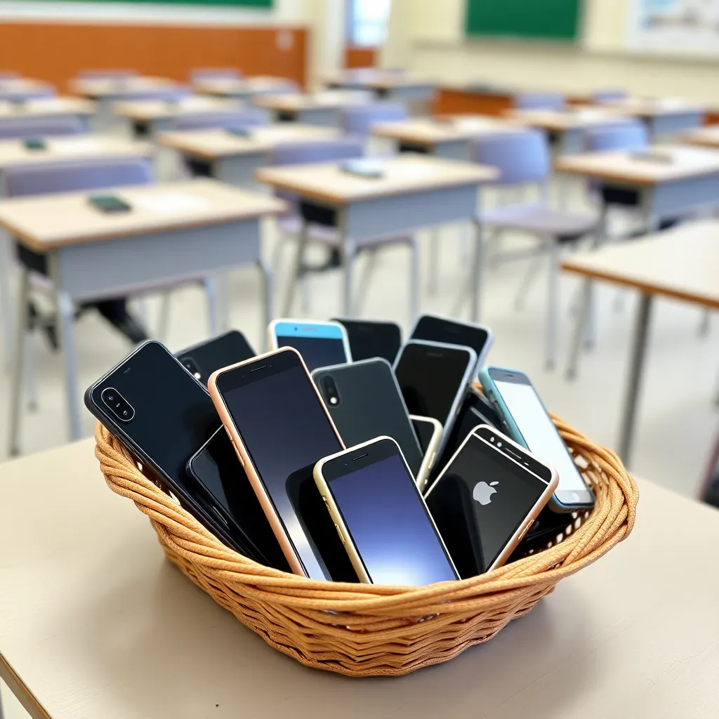 Classroom setting with cell phones in a basket.