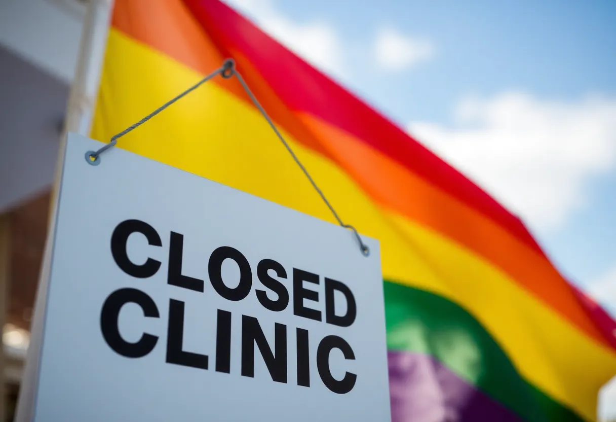 Closed clinic sign with rainbow flag in the background.