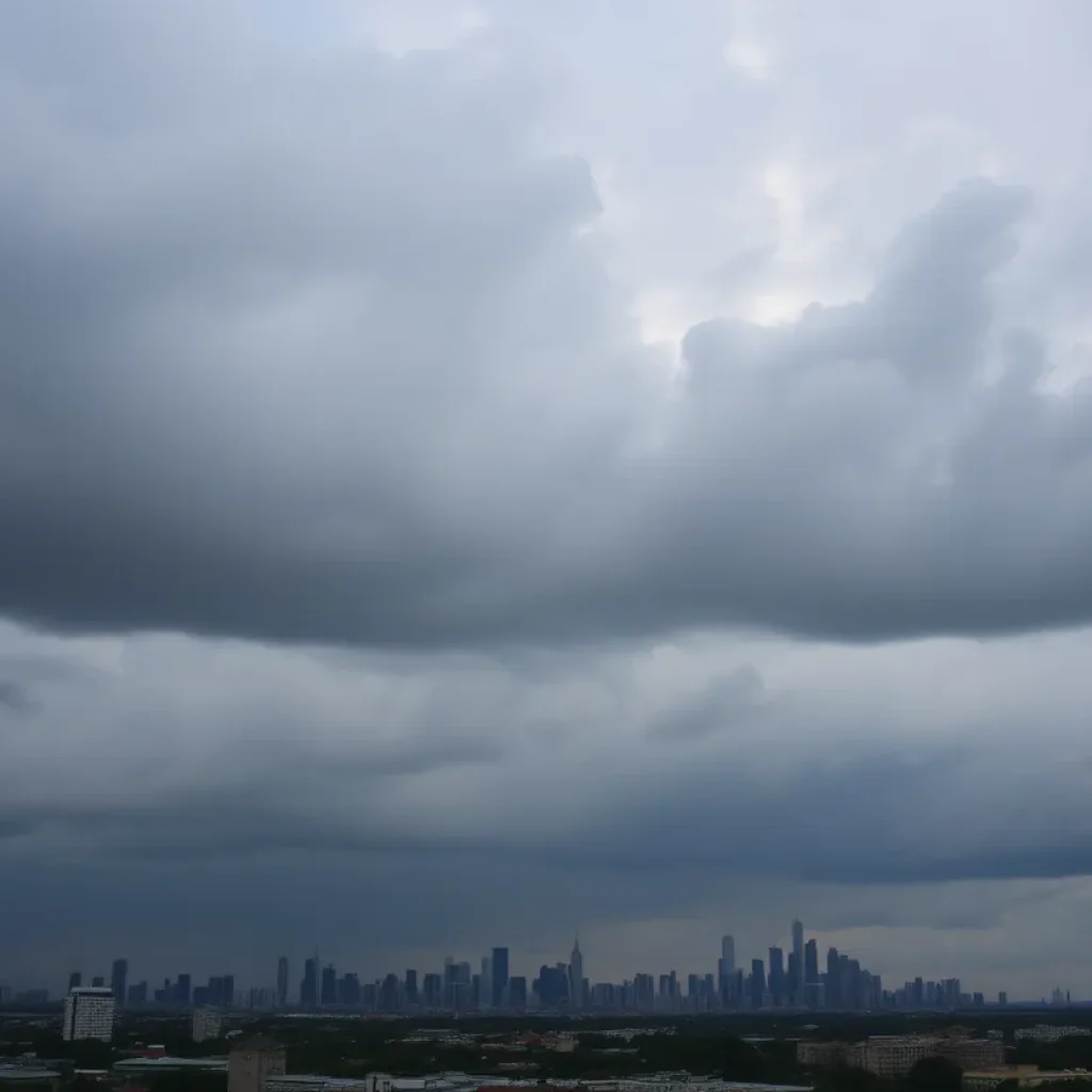 Dark clouds gathering over a city skyline.