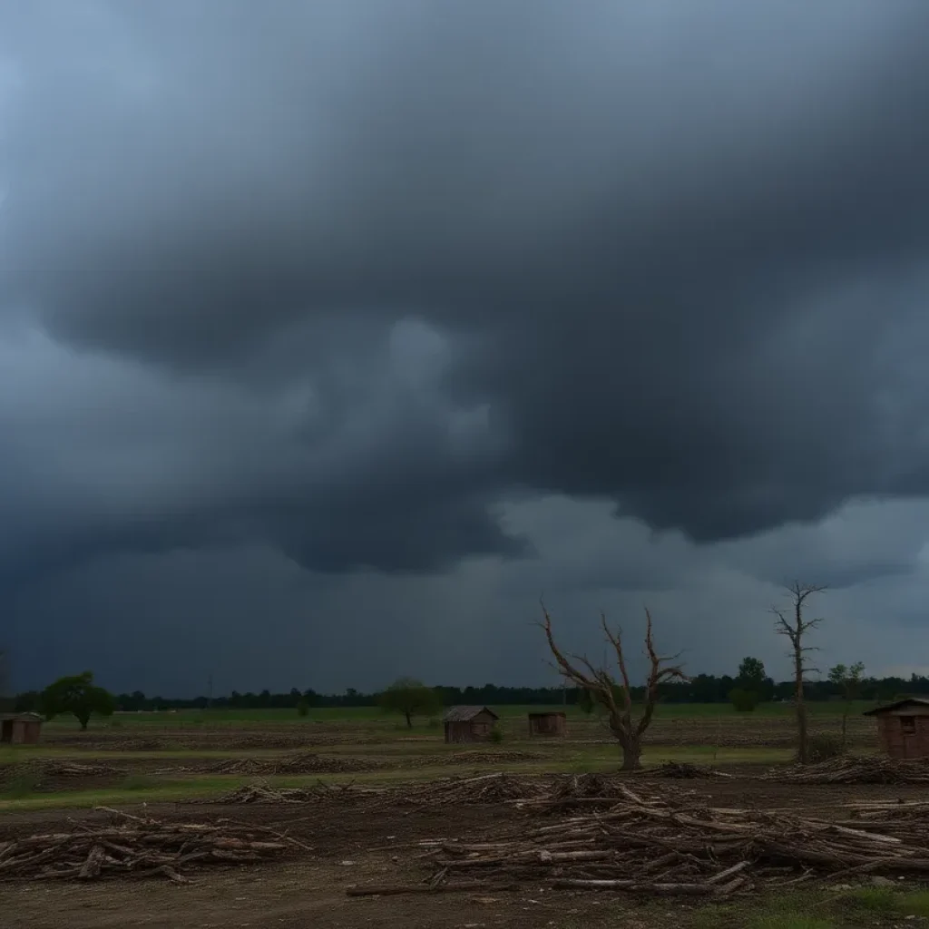 Dark storm clouds gathering over a damaged landscape.