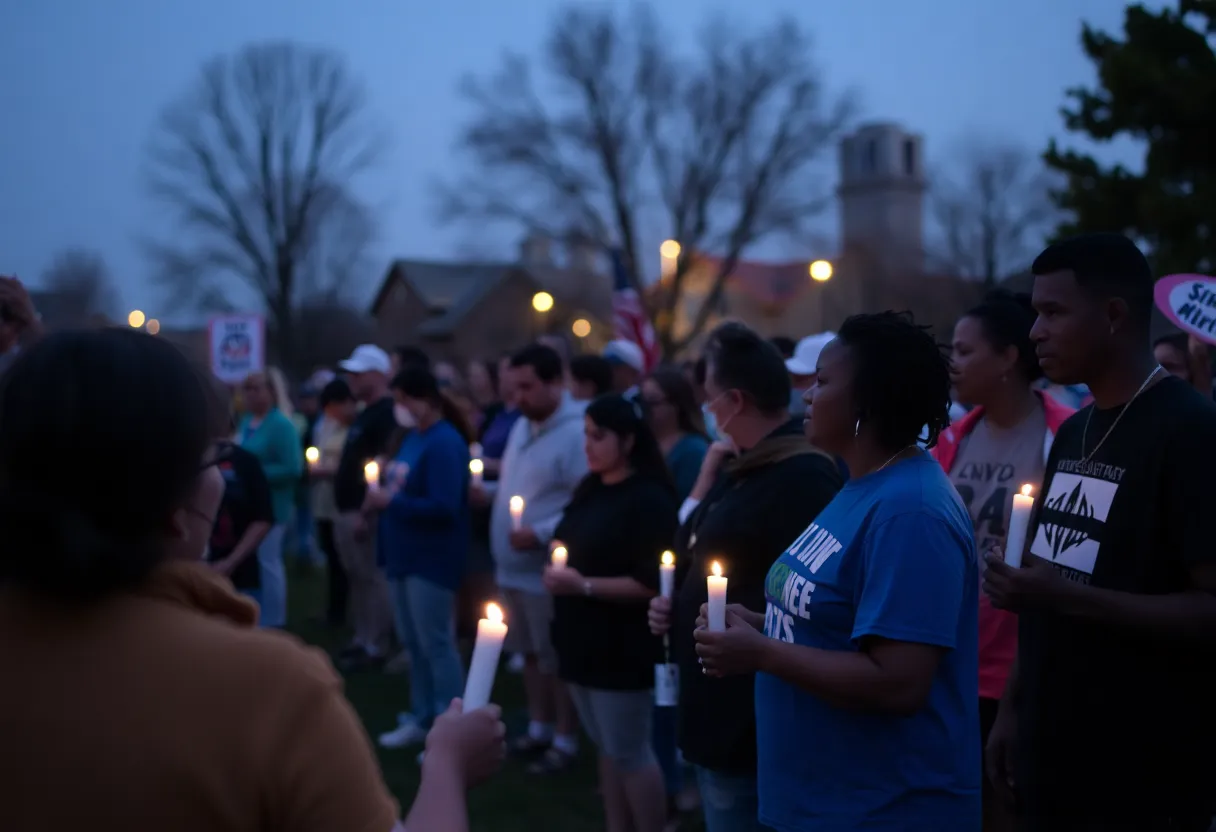 Candlelight vigil with community members gathering in solidarity.