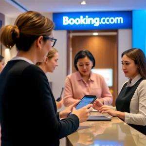 Receptionist assisting guests in a hotel setting with Booking.com branding visible